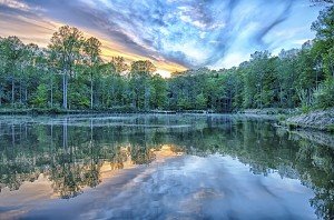 River reflection of clouds over wide angle.