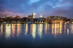 Downtown Savannah , Georgia, along riverfront at night