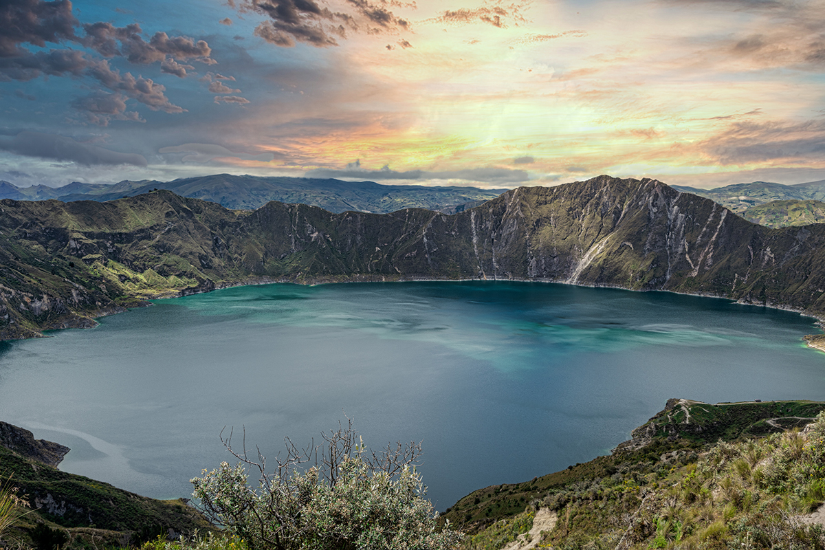 Amazing sunset at Quilotoa lake, located inside a volcano crater. Ecuador, South America